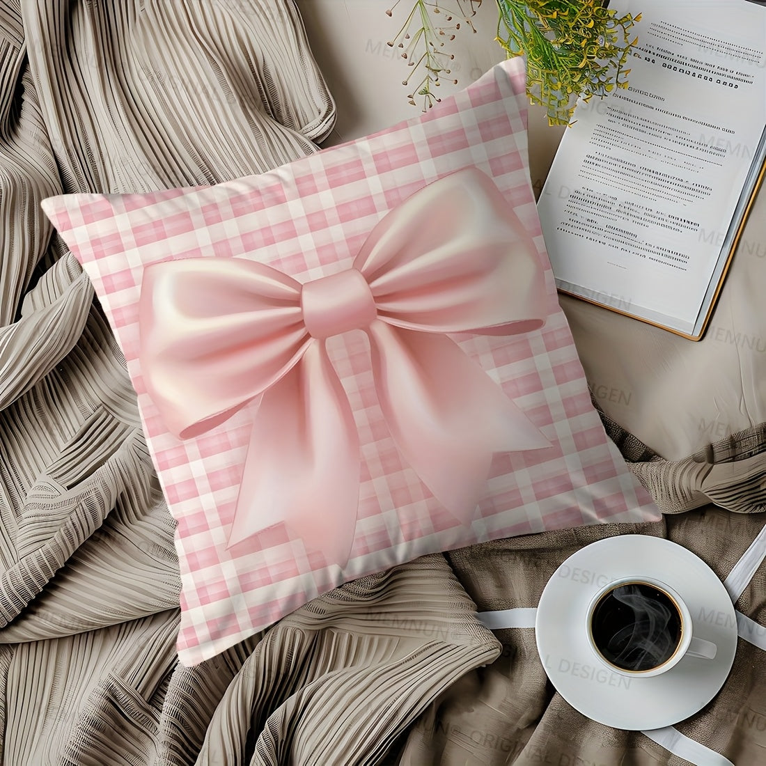 Chic pink bow print throw pillow cover, 44.96x44.96cm, contemporary style, 100% polyester with zip closure. Machine washable, perfect for living room sofa and bedroom decor. (Pillow insert not included) Great for couches.