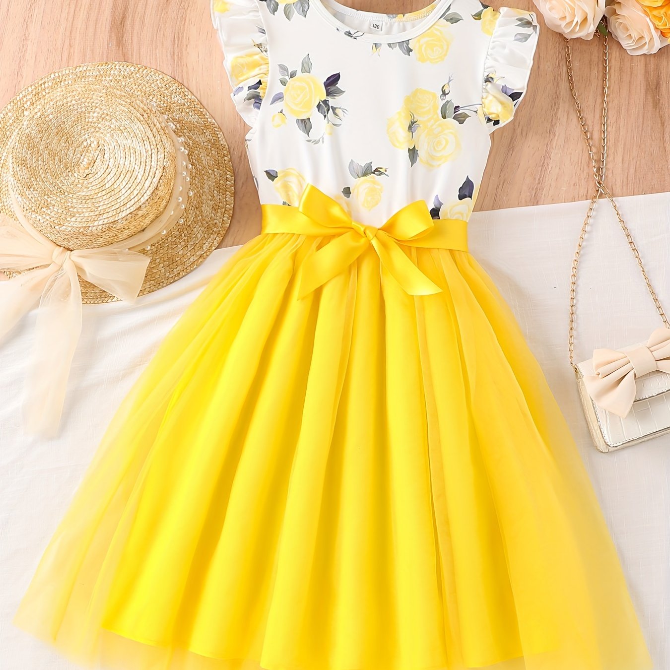 1pc Floral Print Girl's Dress: Elegant polyester summer dress with bow detail and spaghetti straps for children.