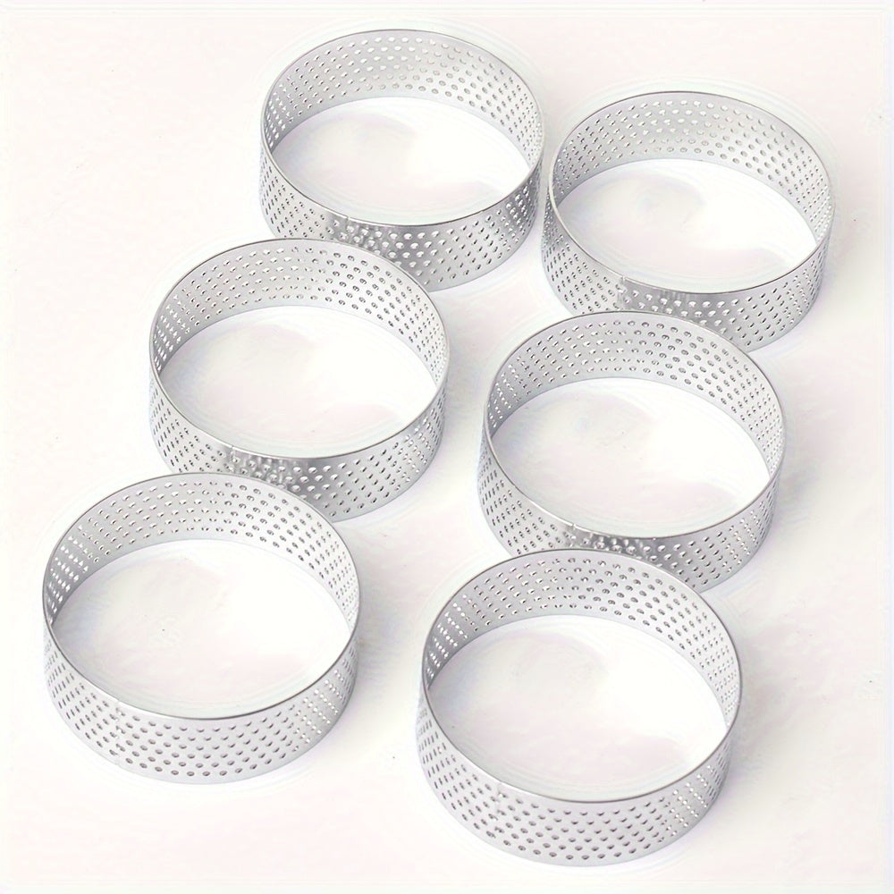 Set of 2, 4, 6, or 12 Stainless Steel Round Tart Rings with Perforated Design for Baking Cheesecake, Cookies, and Pastries during the Christmas Holiday Season