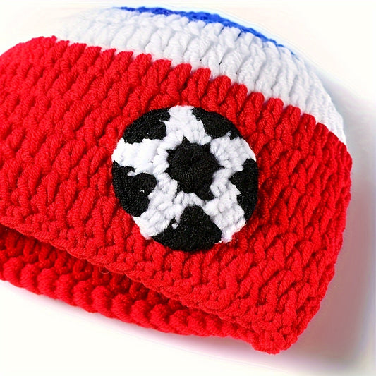 Charming 3-piece Football Photography Ensemble for Kids - Includes Hand-Knitted Hat, Shorts & Ball Set for Their First Game - Ideal Keepsake