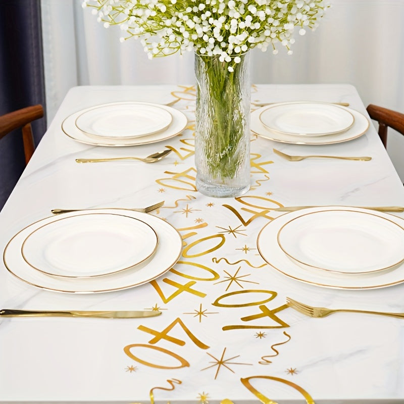 Polyester table runner with golden stamping for milestone celebrations. Perfect for anniversaries, retirement parties, and milestone birthdays. Comes in a rectangular shape.