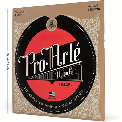 1 Pack of Pro-Arté EJ45 Classical Guitar Strings with coated nylon core, silver grey & yellow, normal tension, and laser-selected trebles for balance and comfortable playability.