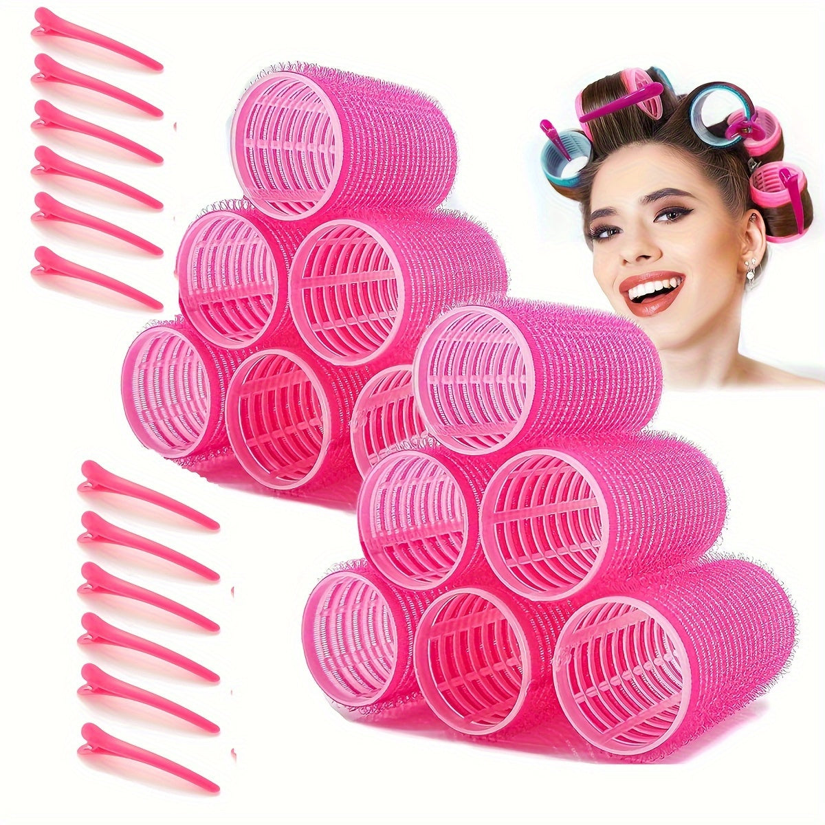 24pcs heatless hair curler roller set with 12 self-grip hair rollers and 12 hair clips for DIY hair styling.