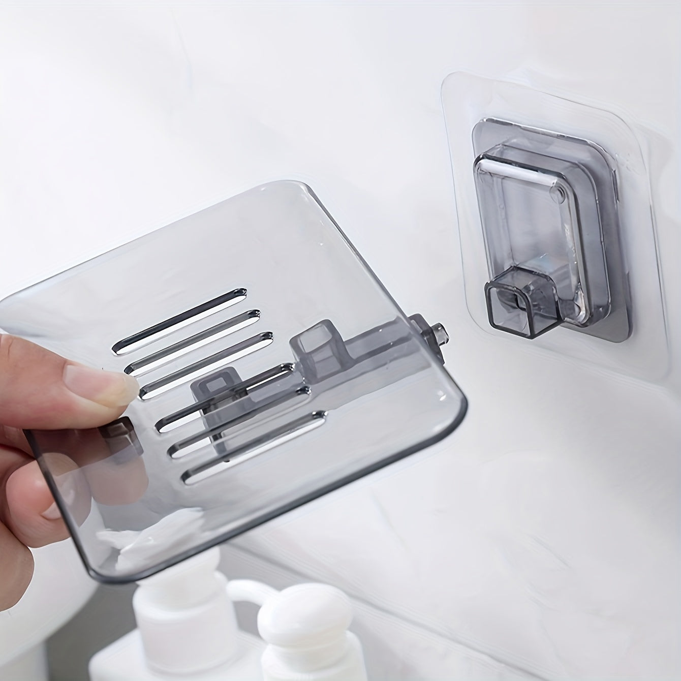 Simple, no-drill wall mount soap dish with strong adhesive for bathroom and kitchen.