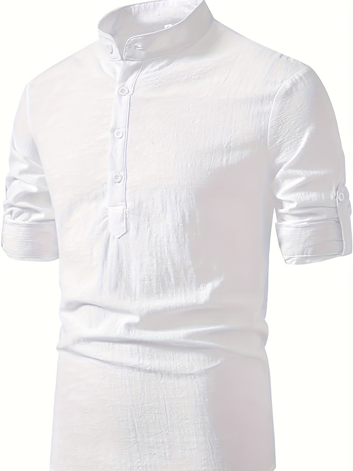 Men's linen Henley shirt in beige with casual stand collar, regular fit, split sleeve, and button detail. Made with 100% linen woven fabric, non-stretch, ideal for spring/fall season at