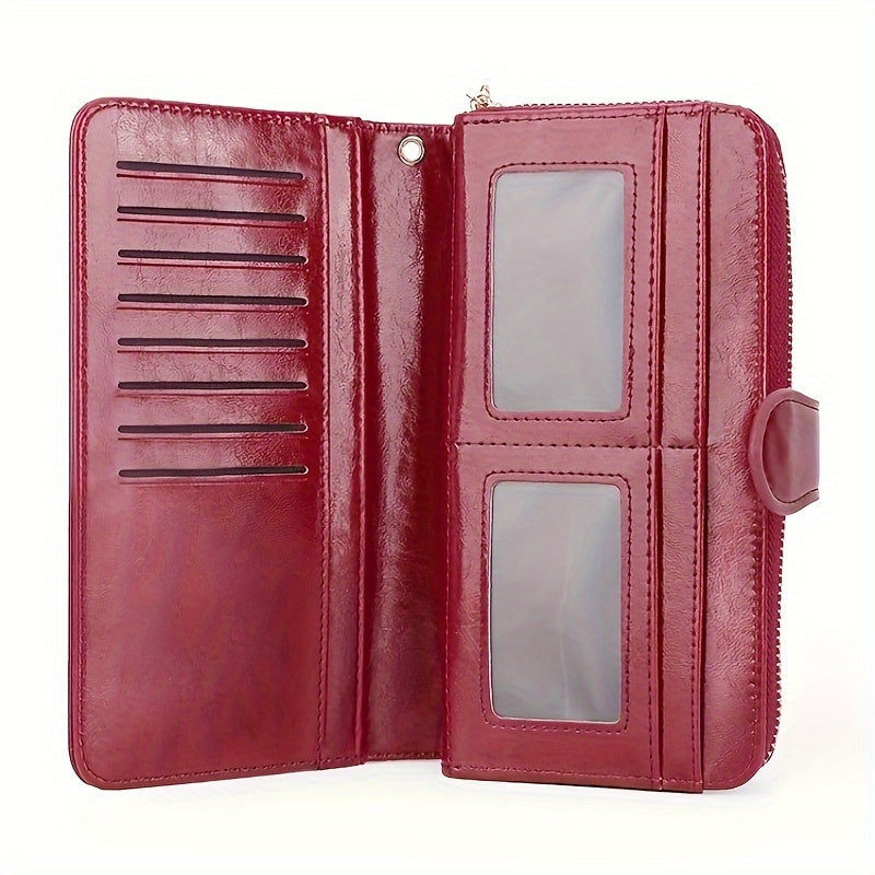 Red synthetic leather wallet with wrist strap, large capacity for cards, zipper closure, polyester lining - ideal for everyday use, contemporary and durable.