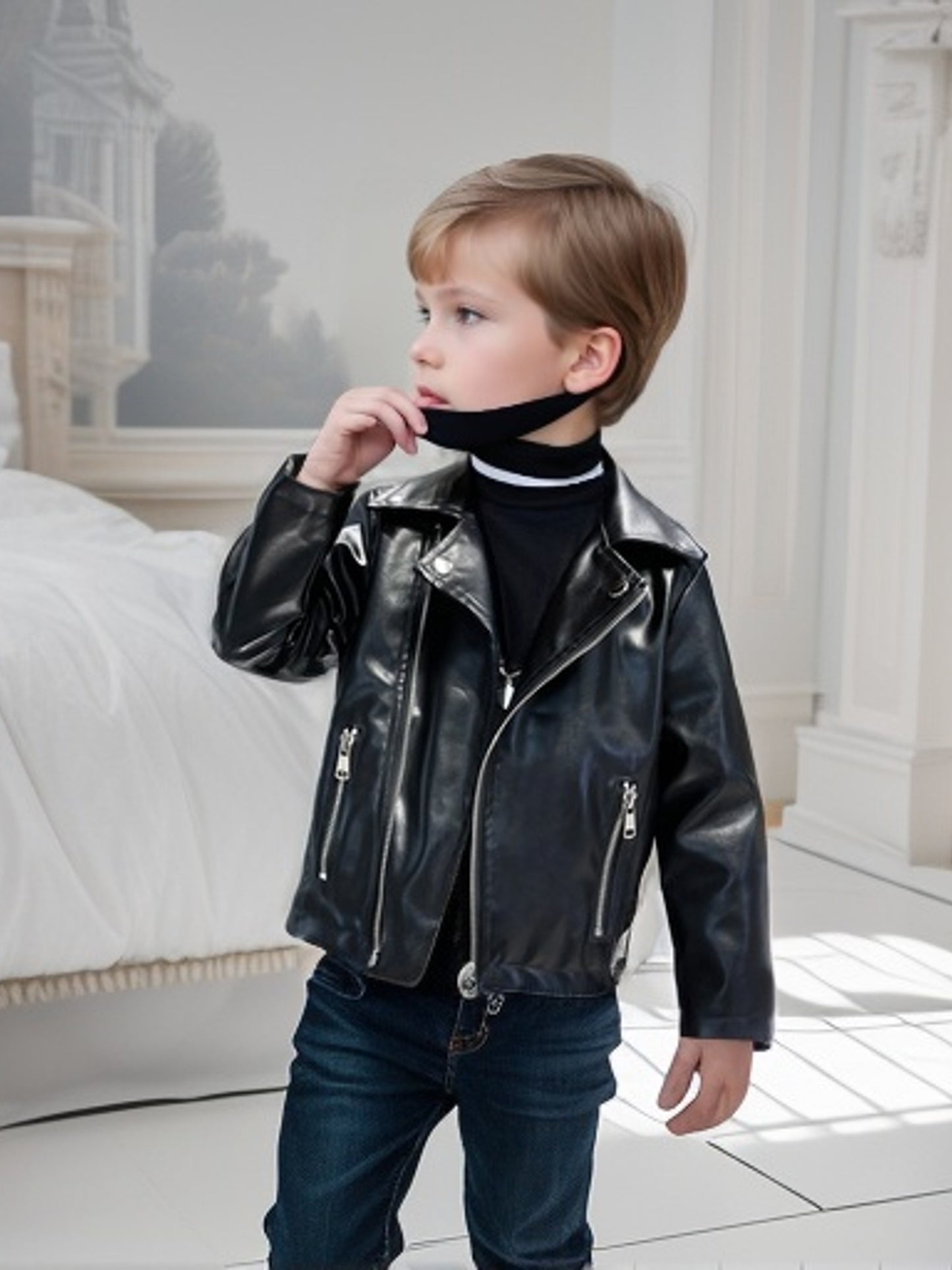 Stylish boys' motorcycle-inspired black jacket with zippered pockets, button closure, and belt detail for spring/fall.