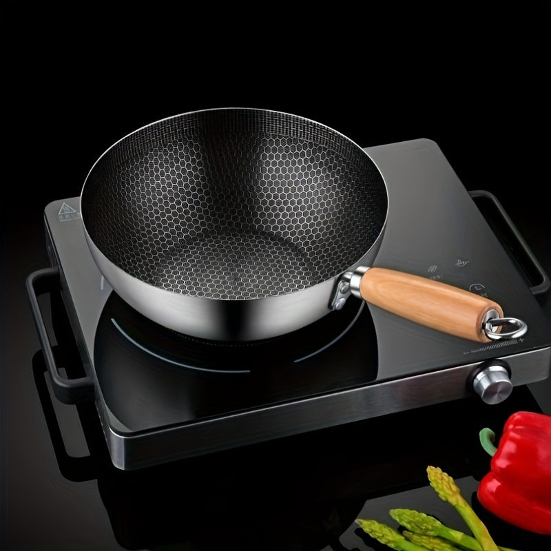 Stainless Steel Chef's Pan with Honeycomb Non-Stick Coating, 20cm Mini Wok with Wood Handle - Ideal for Home Kitchen or Restaurant Cooking, Compatible with All Stovetops