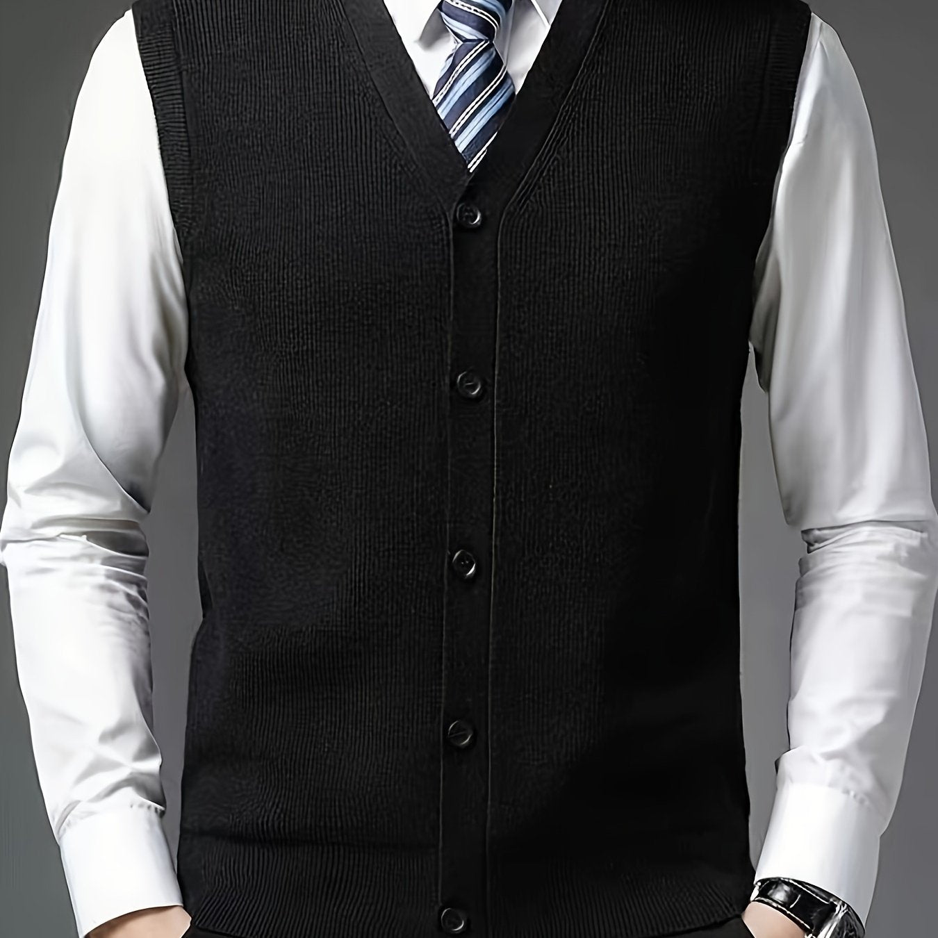 Men's solid color V-neck knitted vest for autumn and winter.