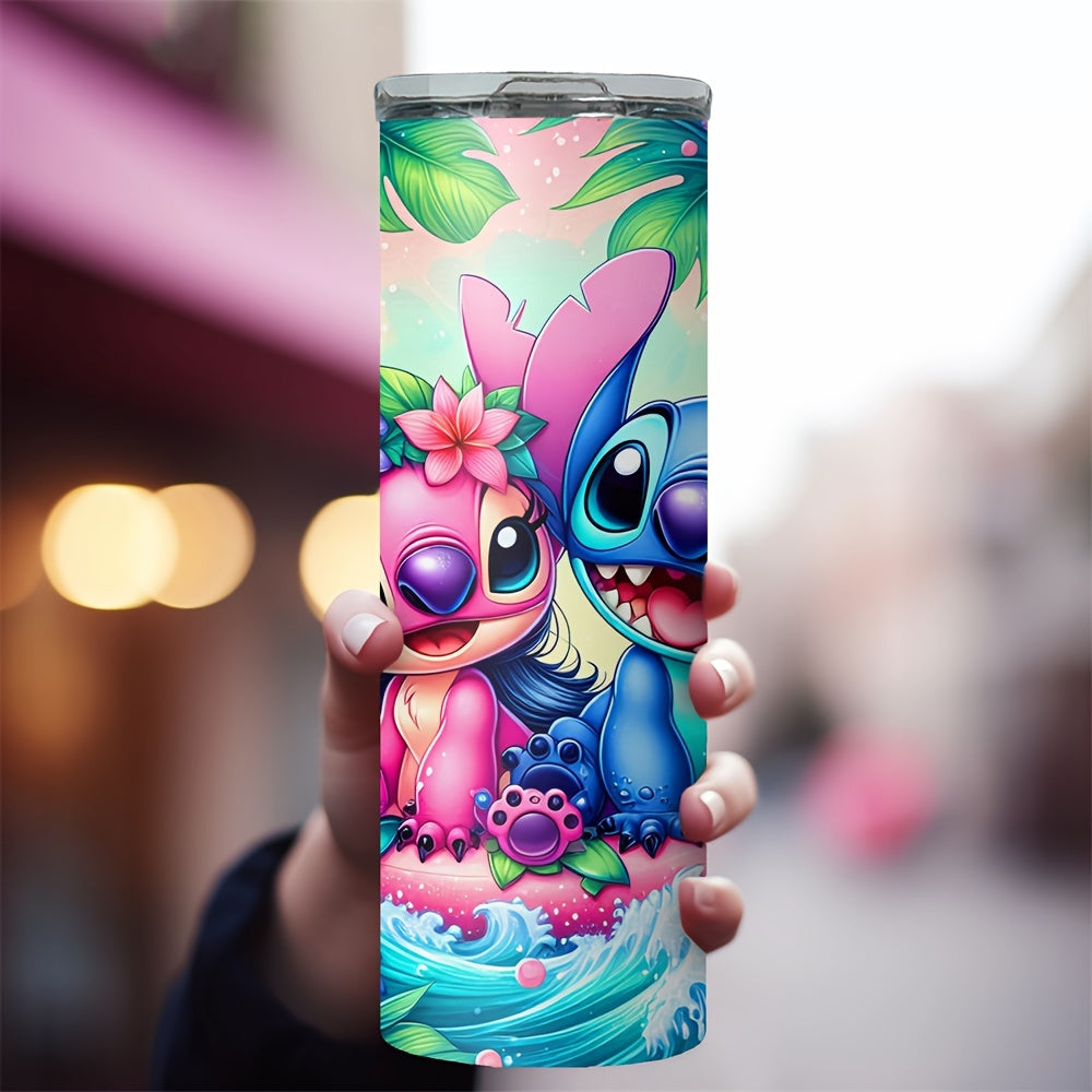 20oz Disney stainless steel cup with Stitch and Angel characters, wave print design. Ideal for hot or cold beverages. Great gift for Christmas or Valentine's Day.