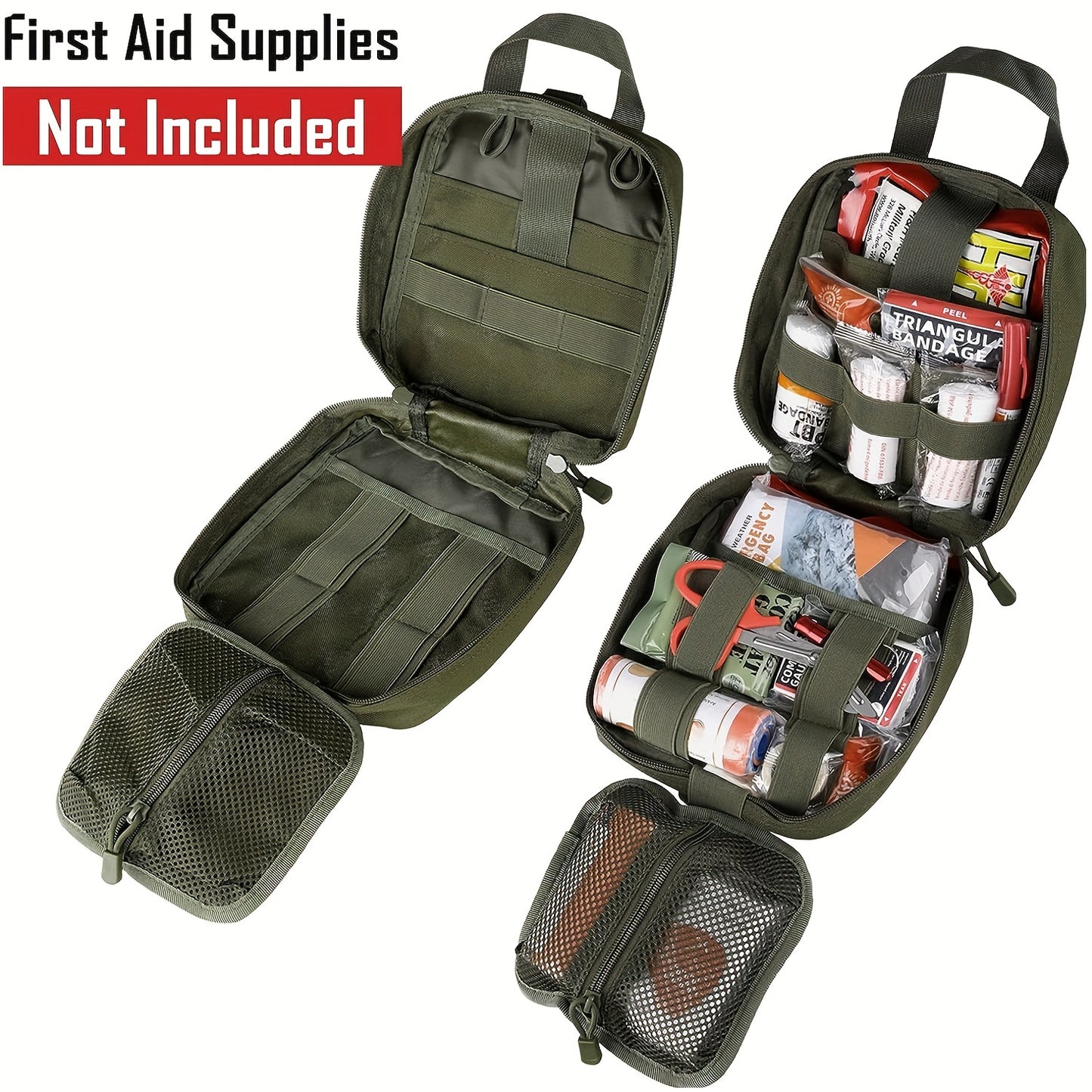 Rugged tactical first aid kit with quick release EMT pouch and MOLLE system in durable nylon bag for outdoor survival, green.