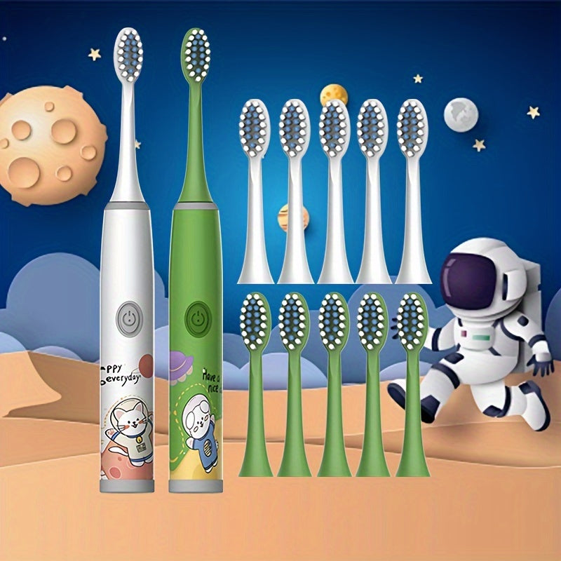 2 Electric Toothbrushes with 12 Brush Heads, Cartoon Space Series, Battery Powered for 3-13 year olds, Gentle Bristles, 2min Timer, Tooth Protection, Gift