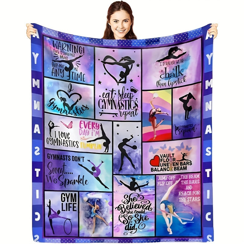 Modern gymnastics-themed flannel throw blanket featuring a girl print - Soft and cozy for casual use, suitable for office, camping, and travel. Perfect gift for all seasons. Easy to clean with machine washable, stain and tear-resistant polyester