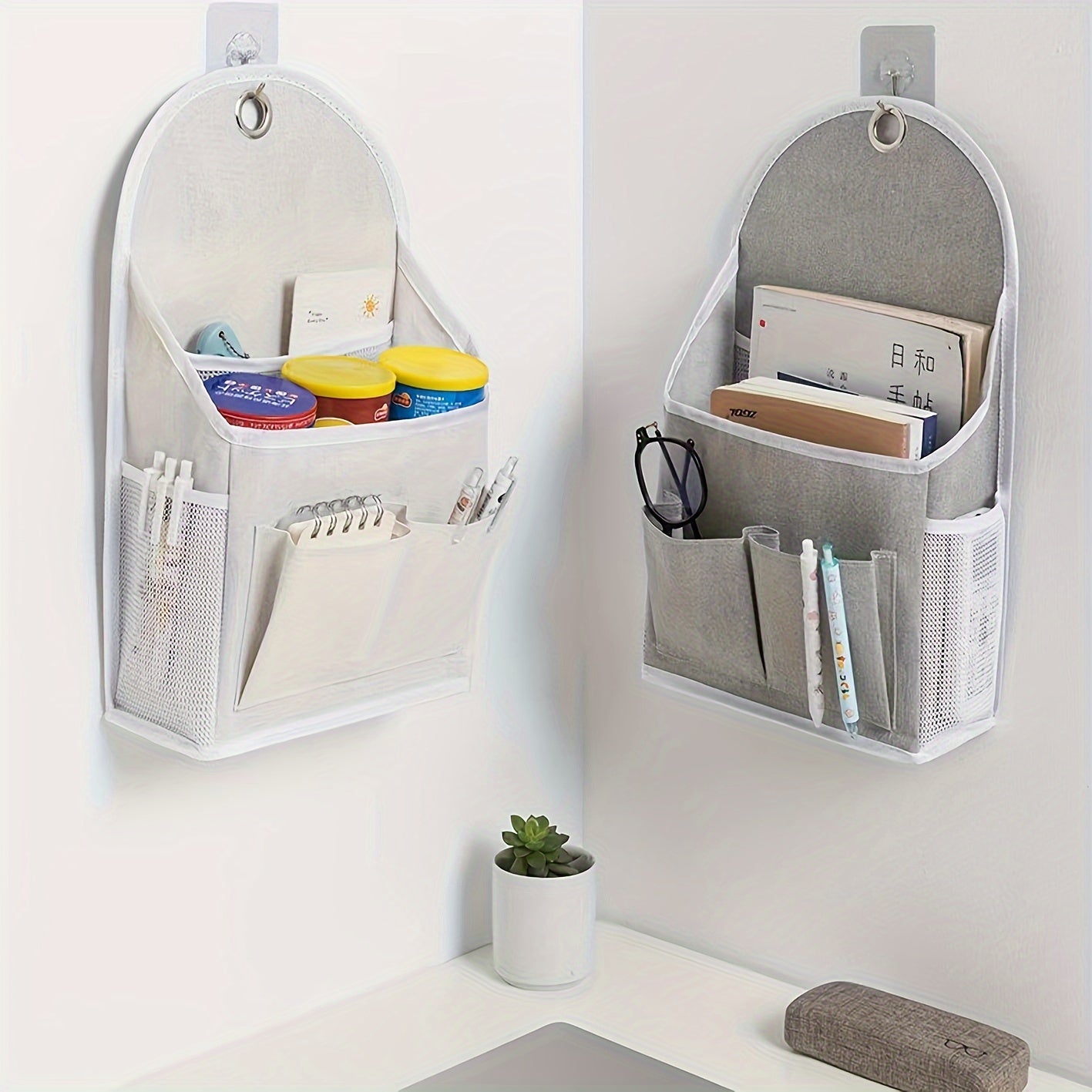 Wall-mounted storage organizer with dual pockets and mesh side compartment, ideal for dorms, wardrobes, homes, and offices. Comes in beige and grey, made of other materials.