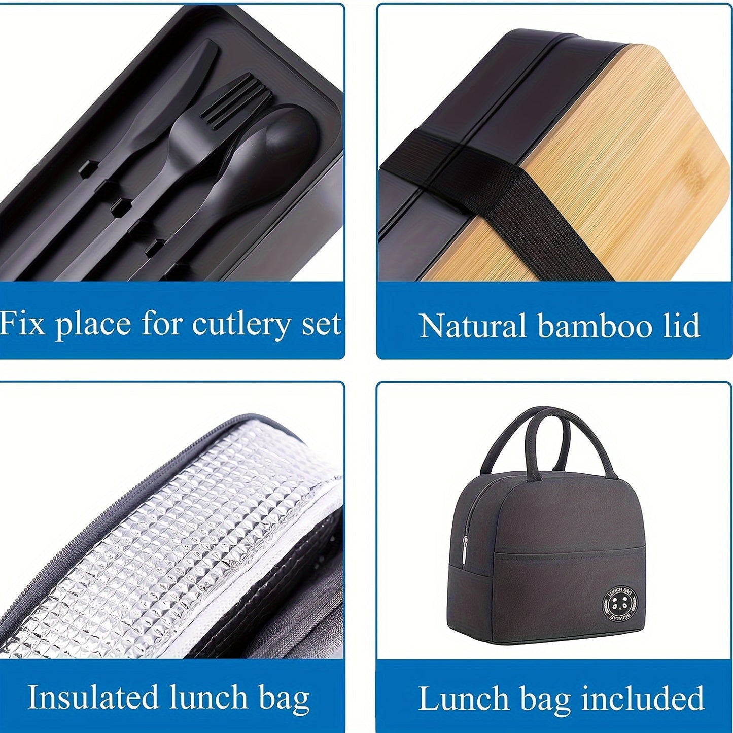 Single Set Bento Lunch Box with Insulated Bag, Microwave Safe, Leakproof Plastic Containers with Bamboo Lids, Adjustable Dividers and Utensils, Perfect for Work, Picnics - Christmas Gift Packaging Included