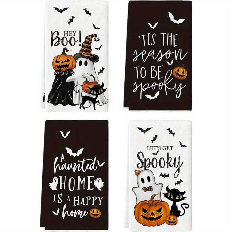 Set of 4 Kitchen Towels measuring 18 x 66.04 cm, ideal for spooky Halloween decorations in homes, kitchens, restaurants, and parties. Features a haunting design with ghosts, pumpkins, bats, and a cat in a classic black and white pattern.