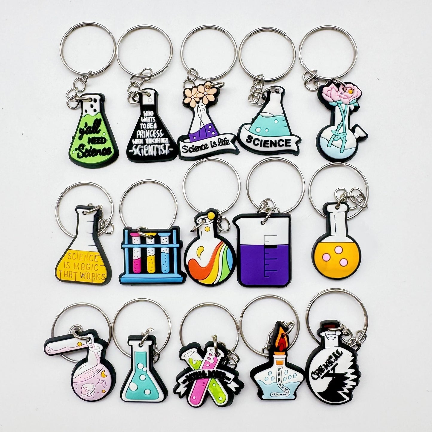 Keychain Set with Chemistry and Biology Lab Themes, featuring Test Tubes, Beakers, Alcohol Lamps, and Triangular Bottles - Ideal for Students and School Decoration, Inspired by Science.