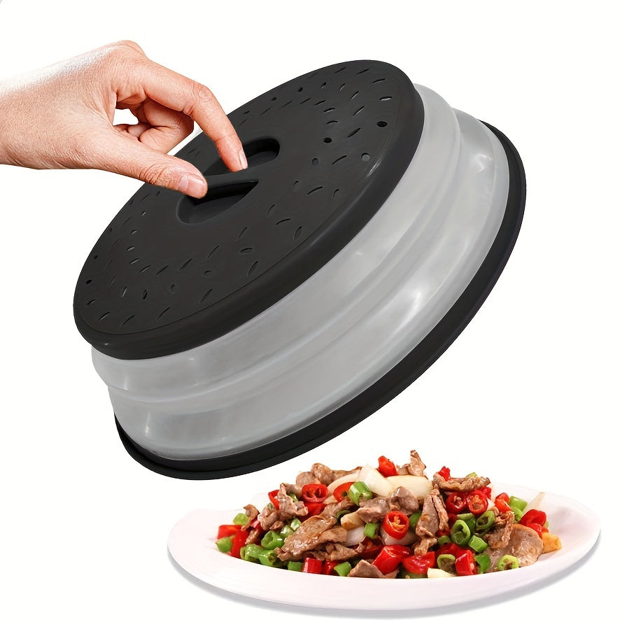 One set of four BPA-free foldable microwave lids for food, compatible with microwave ovens. Can be used as a splash lid, food filter, and is dishwasher safe. Each lid measures 10 inches in diameter.