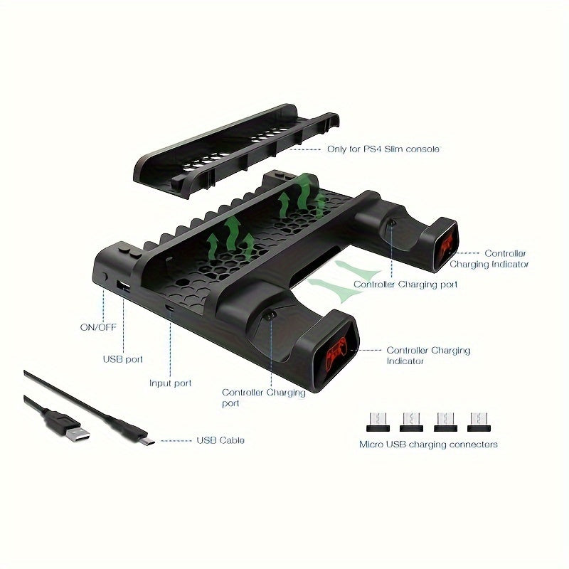 PS4 cooling stand with controller charging, light indicator, disc slot, and game card storage.