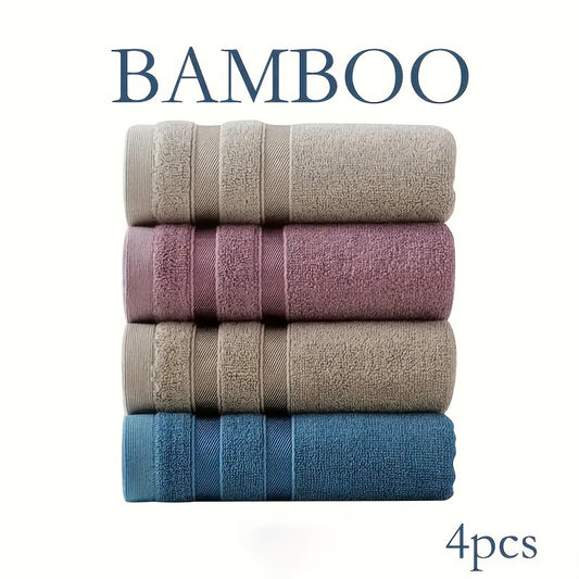 4-Pack of soft and absorbent bamboo hand towels for bathroom with a skin-friendly design featuring a contemporary striped pattern and space theme. Made with 70% bamboo fiber, 18% cotton, and 12% polyester, these towels have a weight of 420gsm and measure