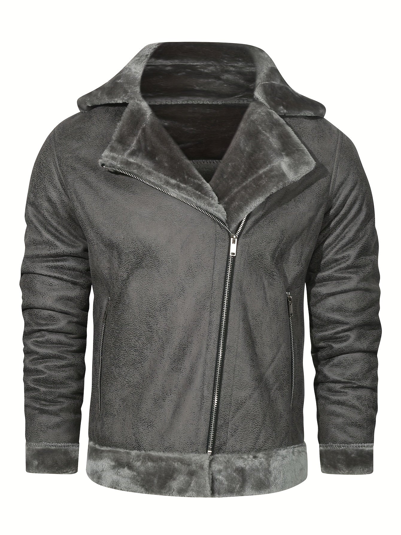 Men's slim fit jacket with faux fur trim in casual brown, zip-up coat made of polyester blend for casual attire.