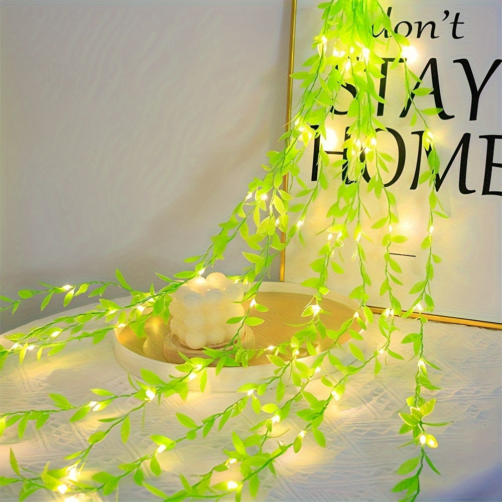 Green willow leaf LED string lights, battery operated, 2M/5M, plastic, suitable for room decor, weddings, and holidays, batteries not included.