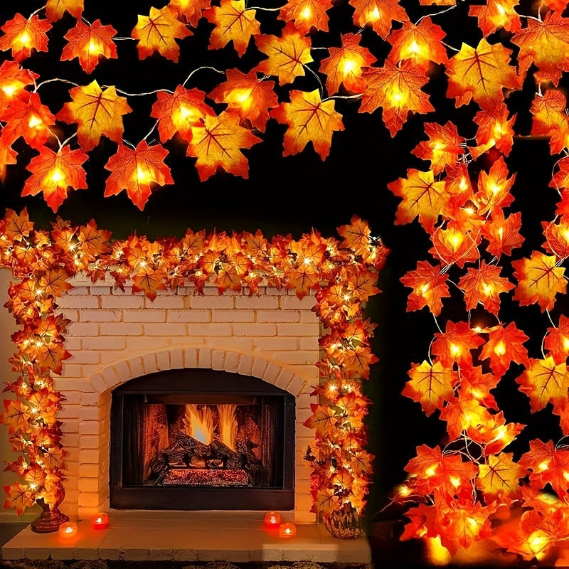 2M Autumn Maple Leaf Garland String Lights, Battery-Powered LED Fall Foliage Decor for Halloween and Thanksgiving, Wireless Plastic Decoration.