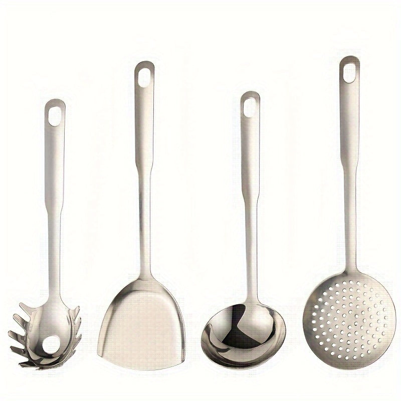 A set of 8 stainless steel kitchen utensils with comfortable grip handles - Dishwasher safe and silver in color.