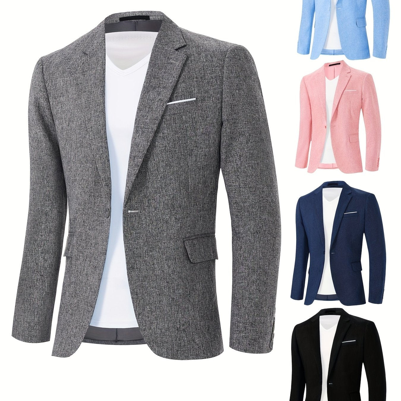 Men's casual business blazer with lapel collar, suit sleeve, and pocket details in solid color polyester. Regular fit with single button closure, suitable for all seasons and weekend casual