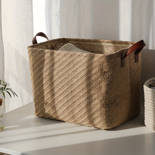 Jute Cloth Storage Bin with Handle - Spacious Wardrobe Organizer for Books, Snacks, Toys, Christmas and Halloween Gifts