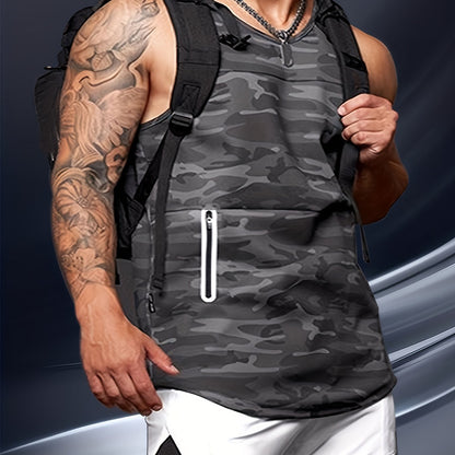 Men's casual sports suit with sleeveless zipper pocket vest and American style training shorts.