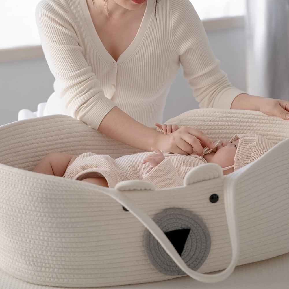 The LA DEARCHUU Portable Baby Crib features a charming Bear Design and a Foldable Fabric Cradle. It also includes a Multifunctional Weaving Storage Basket in Beige/Khaki. This product does not require batteries and is suitable for Newborns up to 3 years