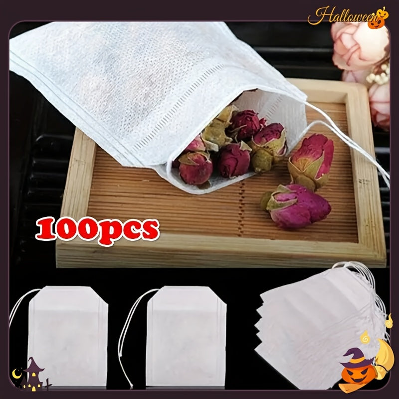 Pack of 100 non-woven tea bags with drawstring, perfect for spices, herbs, and floral teas. Easy to use and made of durable cloth material.