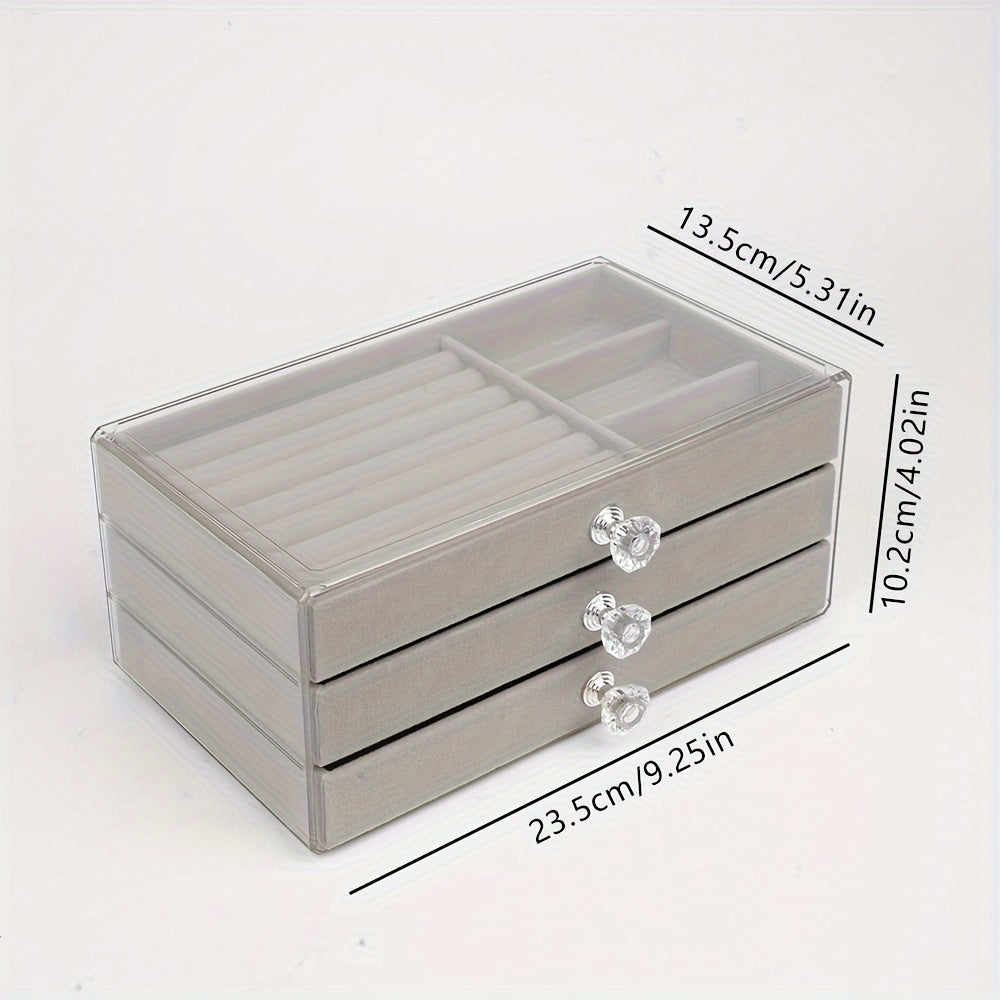 3-drawer acrylic jewelry organizer with velvet-lined drawers and dustproof transparent design. Ideal for rings, necklaces, earrings, and bracelets.