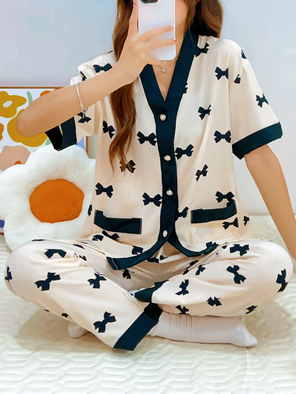 Summery short-sleeved women's pajama suit with sweet V-neck cardigan and thin material perfect for summer.