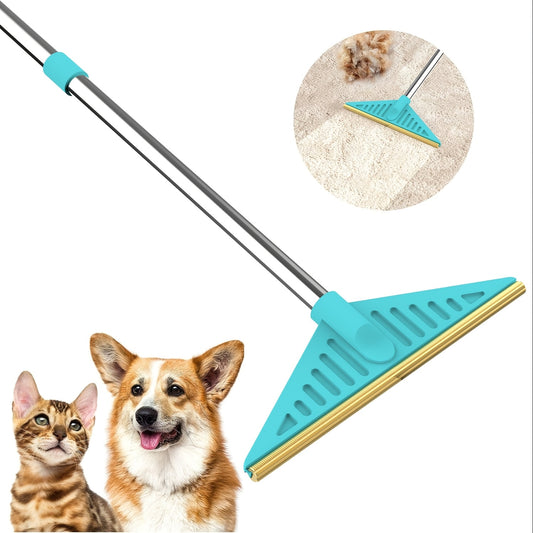 Long-handled pet hair remover brush designed for efficient cleaning of carpets, couches, and beds, ideal for dog owners and grooming.