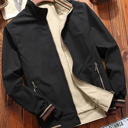 Men's casual jacket with stand collar, made of 100% polyester softshell fabric. Features a regular fit, zipper closure, and solid color design.