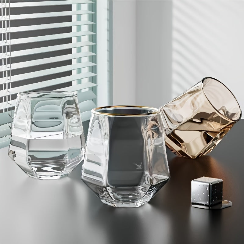 Set of 6 geometric glass cups suitable for water, whisky, juice, milk, tea and more. Perfect for all seasons.