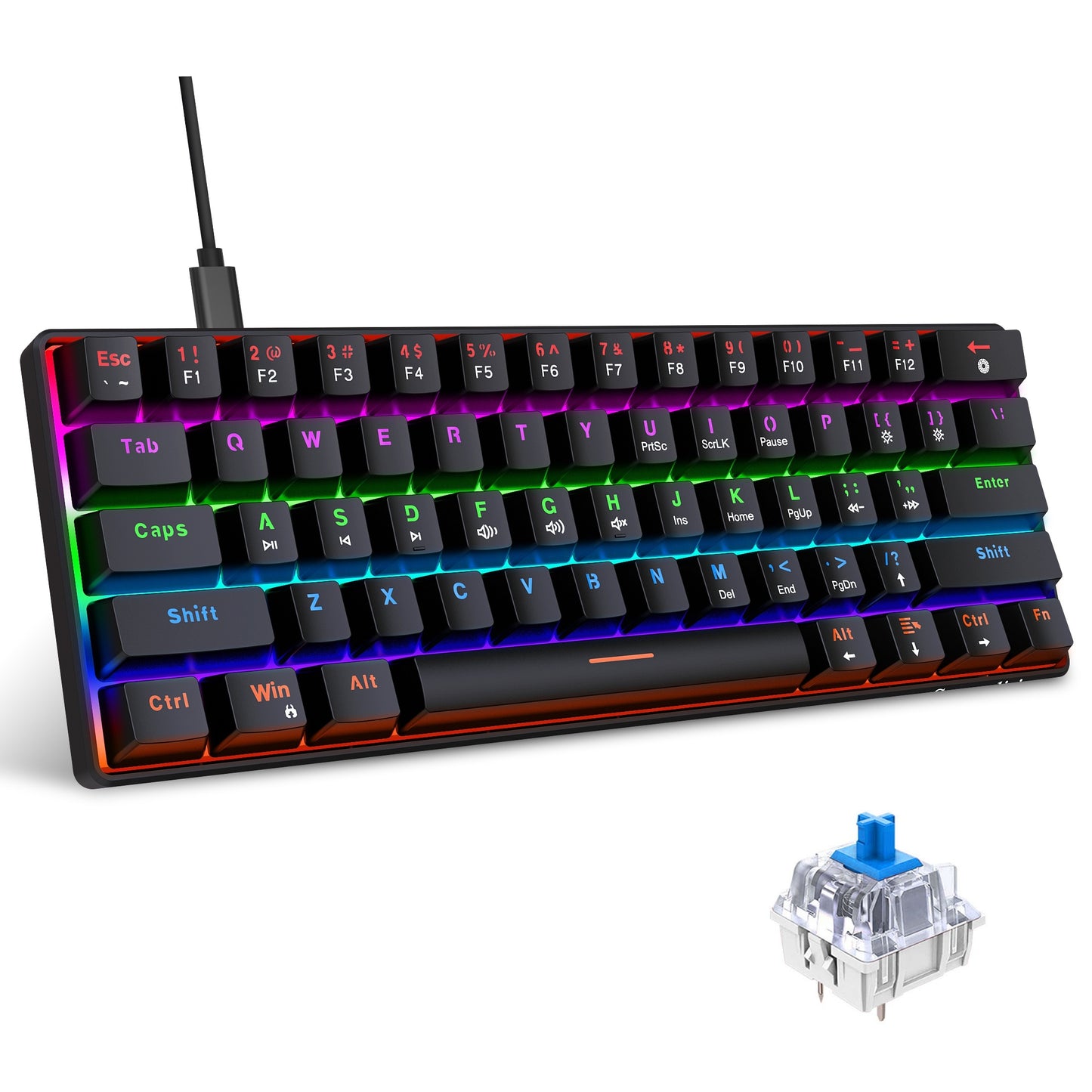 Snpurdiri 60% Mechanical Gaming Keyboard with LED Backlight, Blue and Red Switches, Portable Design