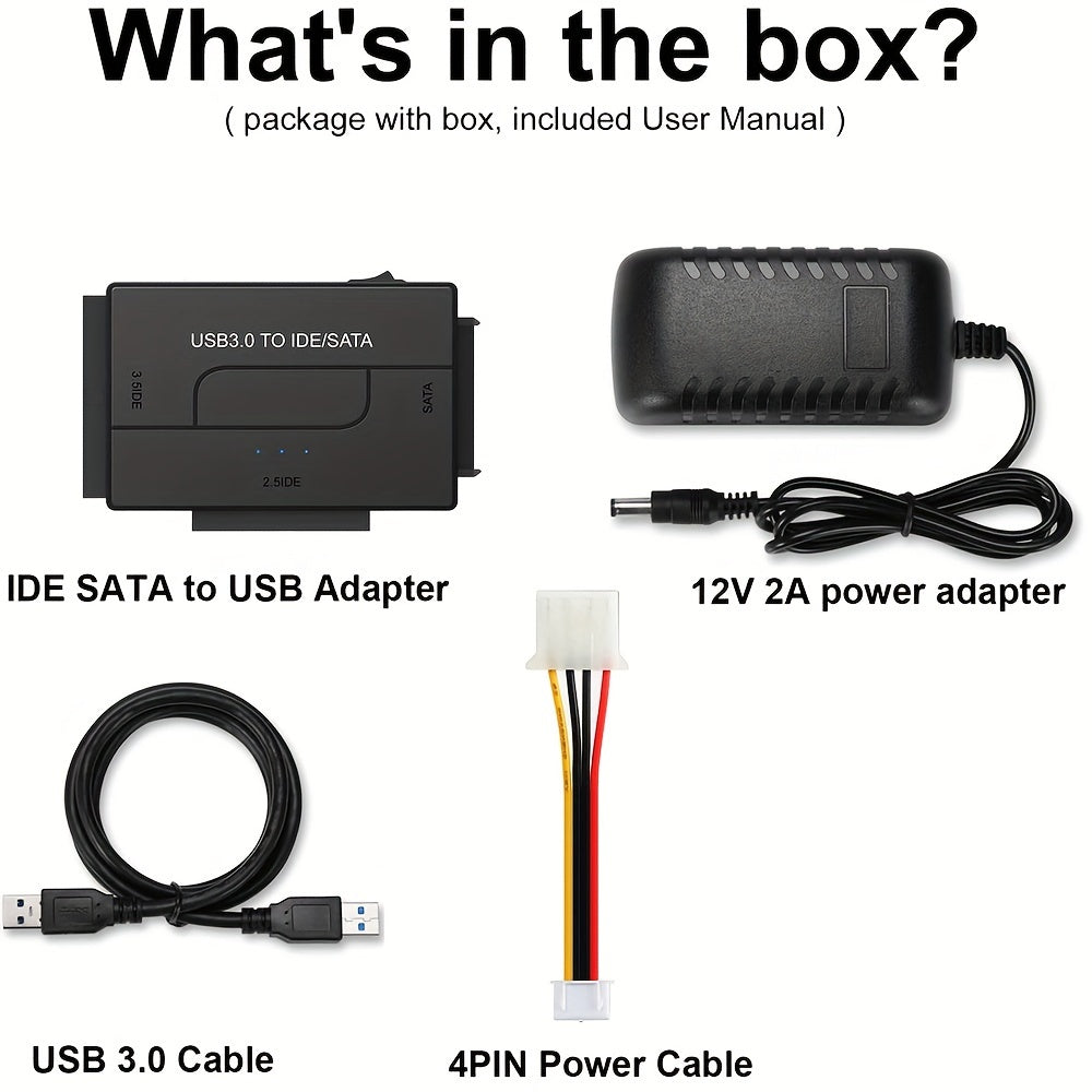 USB 3.0 SATA IDE Hard Drive Reader with Universal Adapter Kit for SATA and IDE HDD SSD, includes 12V/2A EU Power Adapter