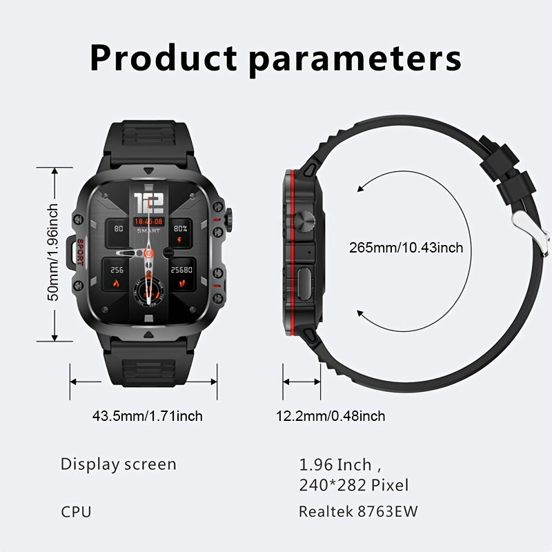 LIGE Men's Smart Watch features Voice Assistant, IP67 Water Resistance, Sports Strap, 100+ Exercise Modes, Rechargeable Battery, Weather and Flashlight Features, Alarm Clock, Calculator, Zinc Alloy Case, and USB/Battery Power.