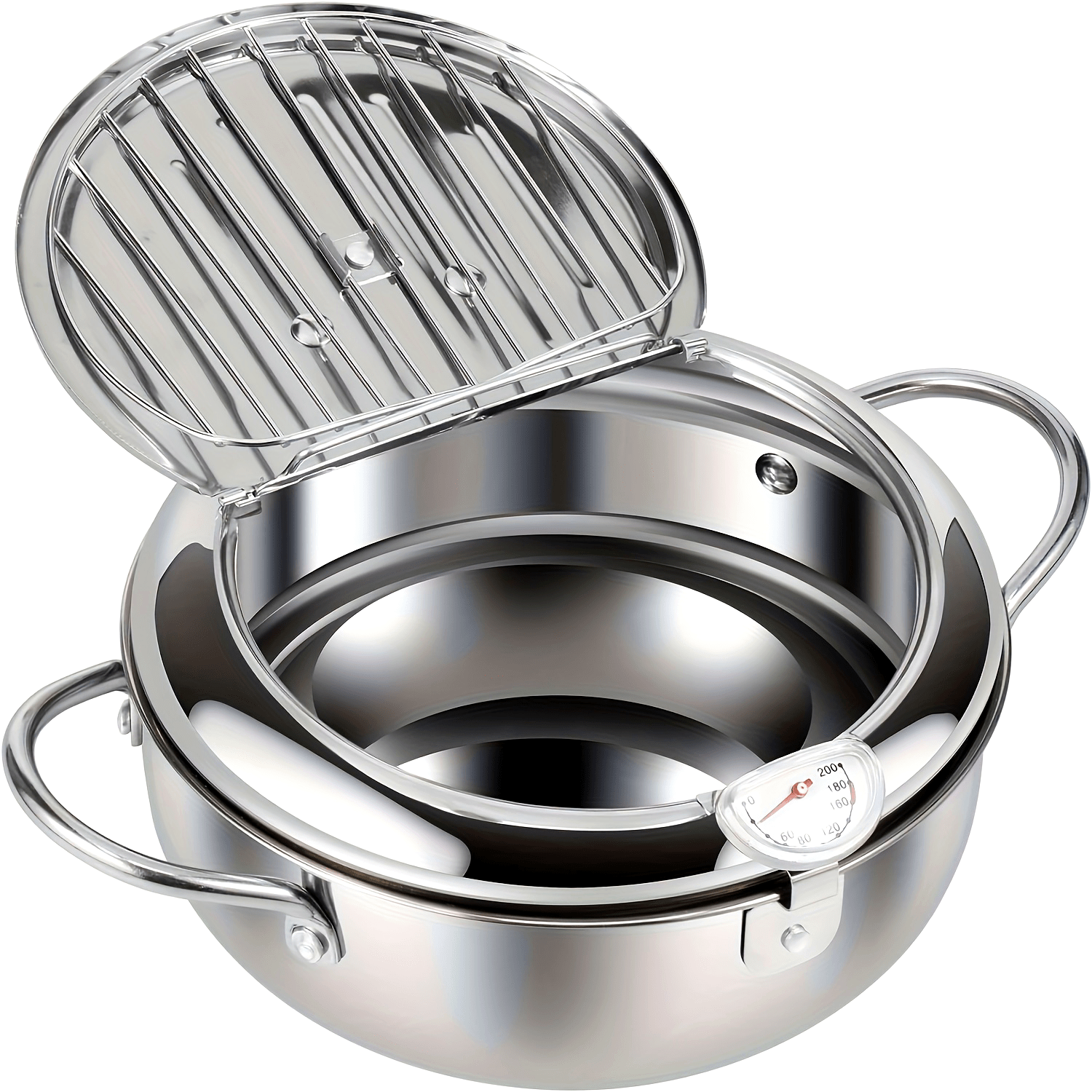 Deep fry your favorite delicacies with ease using this stainless steel pot. Featuring a large capacity of 2.2L and a temperature display, this pot is ideal for frying chicken, fries, and more. It is compatible with gas stoves, induction cookers, and