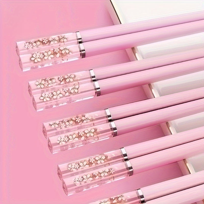 Five pairs of pink alloy chopsticks with cherry amber, perfect for home dining in Chinese and Korean style, ideal for fast food, noodles, sushi sticks, and ramen.