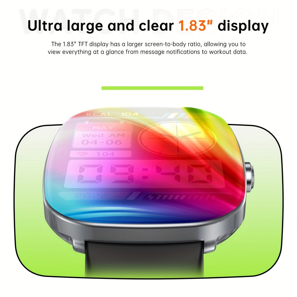 1.83 inch full touch screen smart watch syncs with mobile phone for calls and sports tracking. Compatible with iPhone and Android.