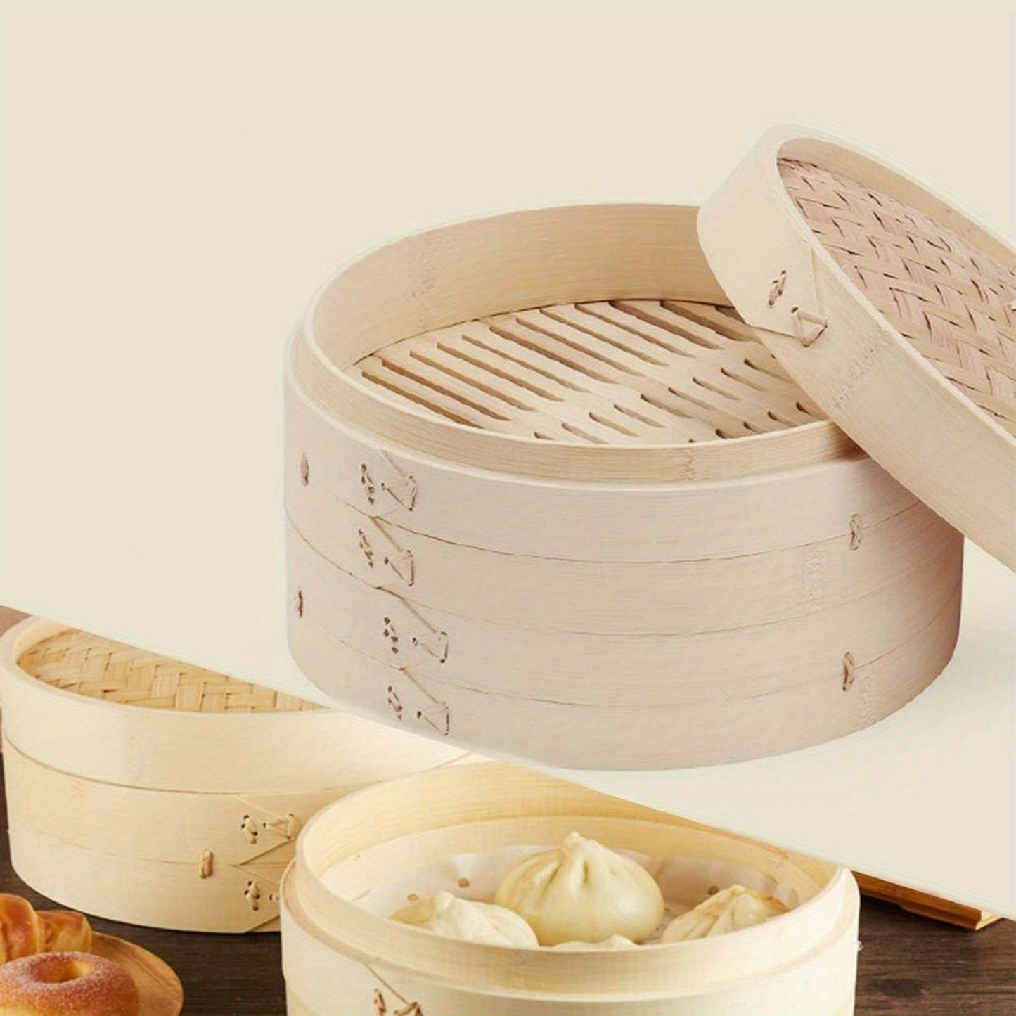 Handmade 2-Tier Bamboo Steamer Basket - 25.4cm with Lid, Non-Stick Cooking Tool for Healthy Meals: Ideal for Dim Sum, Dumplings, Vegetables, Chicken, Fish, Rice, and Meat