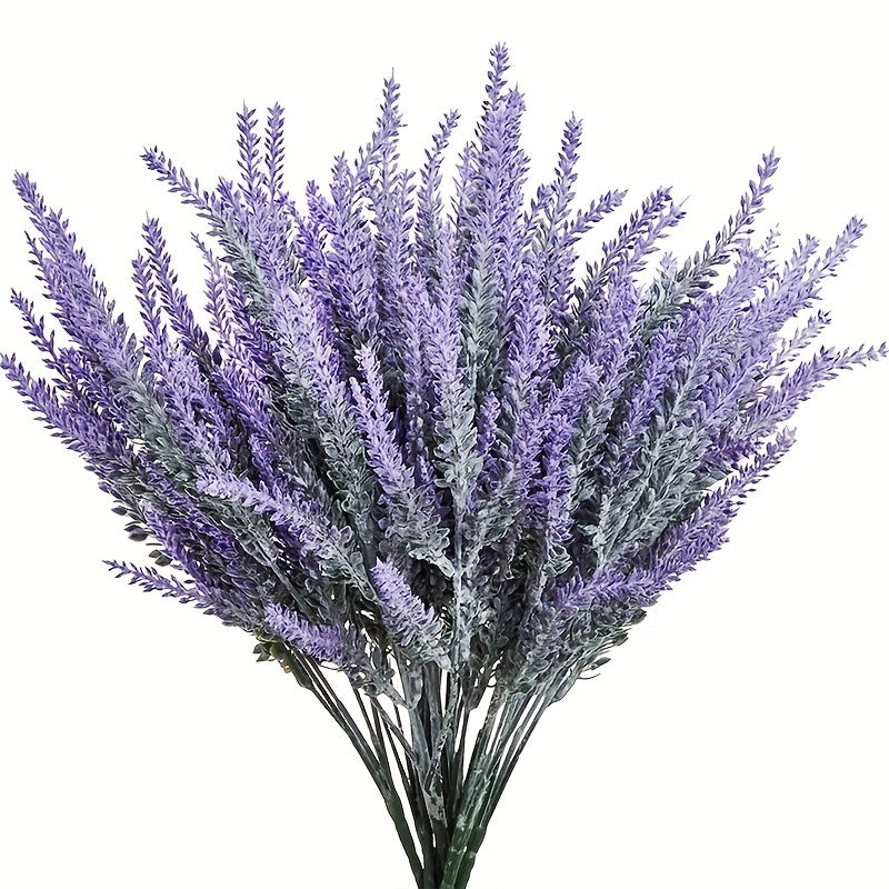 4 bundles of artificial lavender faux plastic purple flowers for indoor and outdoor home decor.