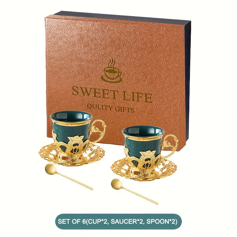 Golden 2.8oz Ceramic Tea Set with Gift Box, including Sakura Train Set, Turkish Arabic Coffee Cups, Espresso Cups with Saucer Plates and Spoons.