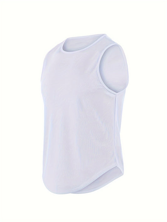 Men's Quick-Dry Sleeveless Gym Shirt - Lightweight design, moisture-wicking polyester mesh tank, suitable for running and fitness. Features round neck, regular fit, and casual sports style