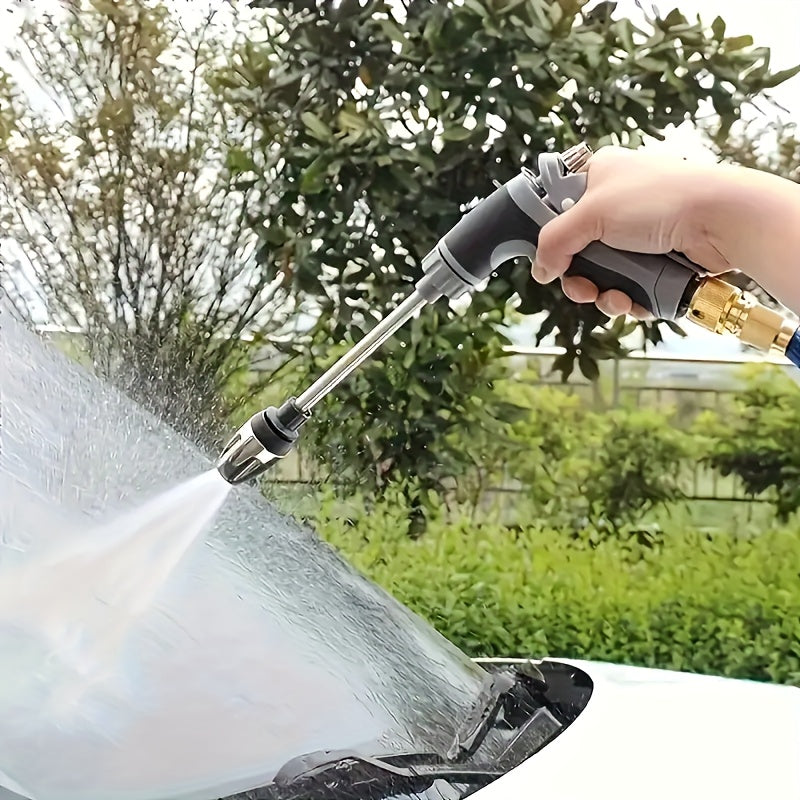 Powerful pressure washer gun with universal connector, plastic garden hose nozzle with metal extension rod and rubber handle - ideal for home and car wash.