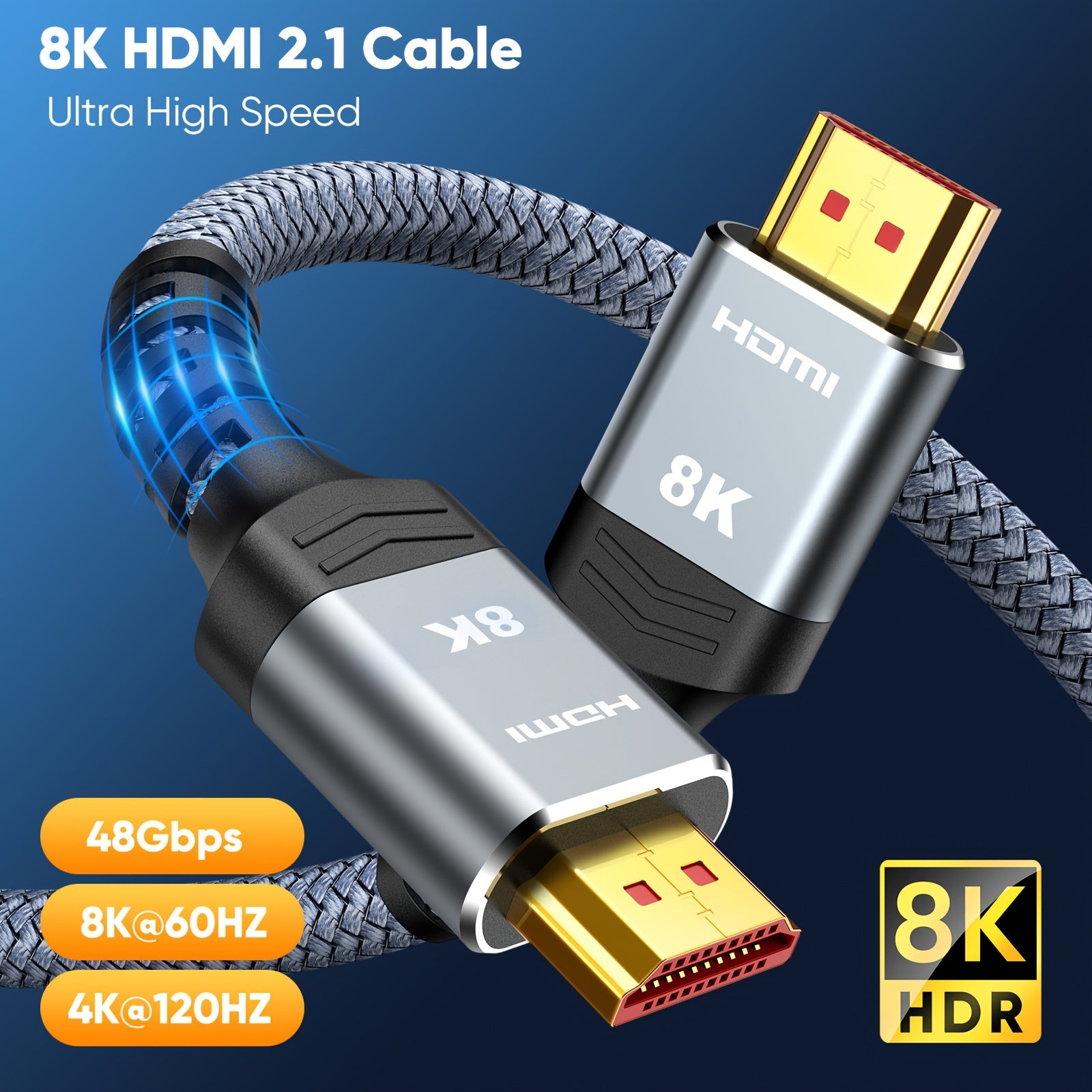 Highwings 8K HDTV 2.1 Cable, 48Gbps, 3D 8K@60Hz, eARC, HDR10, HDCP 2.2&2.3, DTS:X, Dynamic HDR, Compatible with Roku TV/HDTV/PS5/Blu-ray, Category 8 Ethernet Cable, Uncharged, 2023 Model